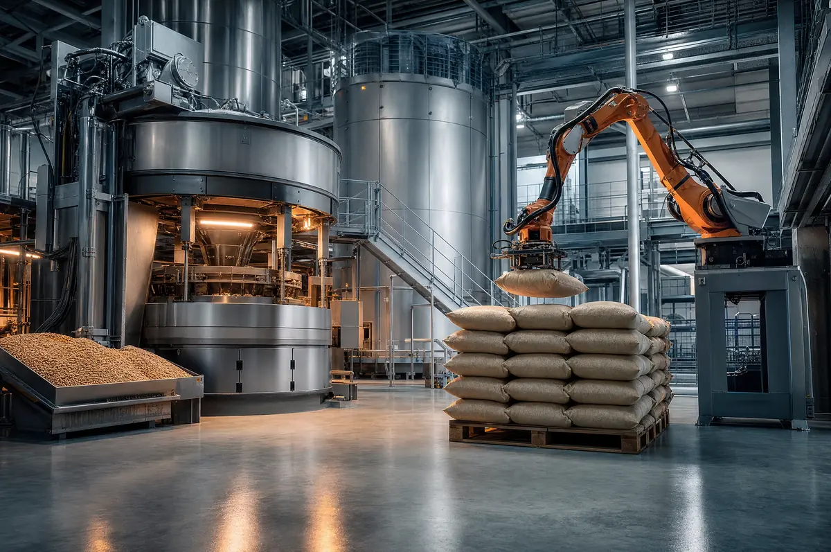 Savremena robotizovana linija za proizvodnju peleta u industrijskoj hali